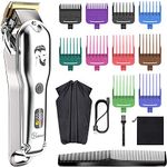 Hatteker Men’s Hair Clipper Beard Trimmer Hair Trimmer Shaver for Men Cordless Clippers Professional Barbers Grooming Kit IPX7 Waterproof, Rechargeable, Colorful Combs, Silver