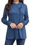 Bluetime Women's Fall Long Sleeve Cowl Neck Button Tunic Tops Lightweight Sweatshirts, Blue, XXL