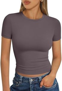 Trendy Queen Womens Basic T Shirts Scoop Neck Short Sleeve Crop Tops Slim Fit Summer Tees Y2k Clothing 2025 Nutmeg S