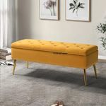 FESTIVAL BAZAR Upholstered Flip Top Storage Bench for Living Room| Storage Bench in Golden Steel Legs (Mustard)