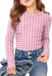 Haloumoning Girls Long Sleeve Shirts Crewneck Ruched Side Slim Fit Tops Ribbed Knit Casual Tee Shirt 4-15 Years