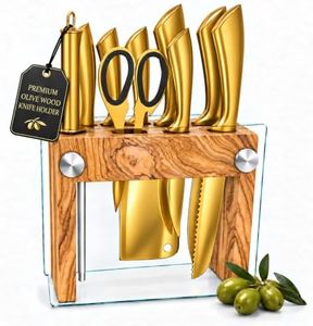 Gold Knife Set with Block and Steak Knives-Olive Wood Knife Holder with Tempered Glass Sides