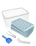 EWRITN Ice Cube Tray, Round Ice Ball Maker for Freezer,Circle Ice Trays Making 99pcs with Sphere Ice Balls Chilling Drinks （3Pack Blue Trays, 3 Steel Metal Straws,1 Ice Bucket Scoop & Tong）