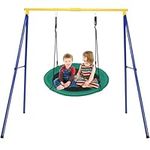 GYMAX Kids Swing Set, Heavy Duty Metal Swing Frame with Adjustable Saucer Swing, Outdoor Children Swing Playset for 3+ Years Old (Green Swing+Yellow Frame)