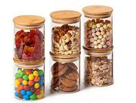 ARUZEN - 6 Piece Glass Jars Air Tight Canister Kitchen Food Storage Container Set with Natural Bamboo Lids for Candy, Cookie, Rice, Sugar, Flour, Pasta, Nuts (220ML)