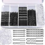Aucuu 300 Pcs Bobby Pins Kit, Hair Pins for Women, Hair Grips, 100 Black Waved Hair Pins (50pcs L+50pcs S), 100 Black U Shaped H-air P-ins, 100 White Elastic Bands, with Storage Box