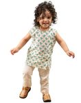 POLKA TOTS 100% Super Soft Cotton Sleeveless Bird Print Jhabla and Pant Set (Cream & Sea Blue, 0 Months-3 Months)