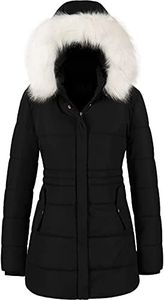 Chrisuno Women's Winter Warm Coats Puffer Jacket Long Drawstring Waterproof Snow Parka With Removable Faux Fur Trim Hood, Black, X-Large