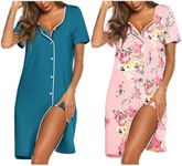 Ekouaer Nightgowns for Women 2 Pack Button Down Sleepshirt Short Sleeve Nightshirt Soft Sleepwear V Neck Pajama Dress Blue Green/Pink Floral XL