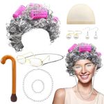 GLGHMH 10pcs Old Lady Costume Set, Grandma Wig Cap Including Glasses Pearl Earring Bracelet Necklace Inflatable Walking Stick, Grandmother Fancy Dress Costume for Christmas Halloween World Book Day