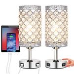 Tomshine Touch Control Crystal Table Lamp with Dual USB Charging Ports & AC Outlet, 3-Way Dimmable Silver Bedside Touch Lamp Modern Nightstand Lamp for Living Room Bedroom with Bulb(2 Packs)