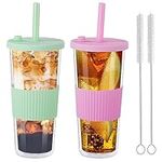 autumndeer 2 Pack Boba Tea Cup with Straw and Lid, 24 Oz Clear Double Wall Insulated Smoothie Tumbler, Reusable Bubble Tea Mug, Leakproof Wide Straw for Iced Coffee Smoothie Cup (Green & Pink)