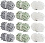HOMBYS Chunky Chenille Yarn for Crocheting, Super Bulky Jumbo Yarn for Hand Knitting, 3/4" Thick Soft Plush Yarn for Blankets, 12 Skein Pack (27 yds / 8 oz Each), Multi Assorted Cream Grey Sage