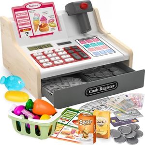 maysida Rechargeable Wooden Kids Cash Register with Scanner, Pretend Play Cash Register Toy with Fake Money, Food, Credit Card, Toddler Boys Girls Age 2-4 4-8