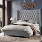 Jocisland Velvet Upholstered Bed Frame King Size 61.4" Tall Headboard King Bed Frame/Deep Button Tufted/No Box Spring Needed/Grey