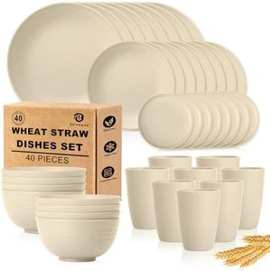 BUSOKIP 40 PCS Wheat Straw Dishes Sets | Reusable Dinnerware Set for 8 - Dinner Plates, Cereal Bowls, Drinking Glasses Unbreakable Plastic Plates and Bowls Sets Microwave Safe for Kitchen - Beige