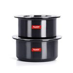 Sumeet Aluminium 3Mm Thick Hard Anodised Non-Stick Tope Set Of 2 Pc With S.S. Lid. Size No.13 (2.3 Liter), No. 14 (2.9 Liter), Black