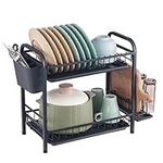 VEVOR Dish Drying Rack, 2 Tier Large Capacity Dish Drainers, Rustproof Carbon Steel Dish Drainer with Drainboard, Storage Space Saver, Cup and Utensil Holder for Kitchen Counter Over The Sink, Black