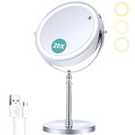 B Beauty Planet Magnifying Mirror with Light,8 inch Rechargeable 1X/20X Double Sided Magnifying Lighted Makeup Mirror,Dimmable Led Vanity Mirror with 3 Color Lighting Modes