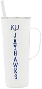 Decorvo NCAA 20 oz. Stainless Steel Tumbler with Handle - Officially Licensed Double Walled Insulated Roadie with Slide Lid and Straw (Kansas - White)