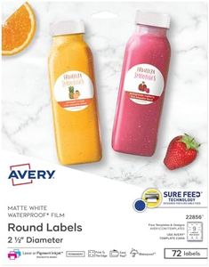 Avery Durable Waterproof Round Labels with Sure Feed Technology, 2.5" Diameter, White, Laser/Pigment-Inkjet, 72 Customizable Labels (22856)