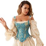 Charmian Women's Victorian Vintage Brocade Lace Up Bustier Overbust Corset Top, Blue/Gold, Large