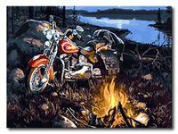 Shukqueen DIY Paint by Numbers for Adults, DIY Oil Painting Kit for Beginner - Motorcycle by the Campfire 16X20 Inch (Framed Canvas)