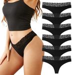 INNERSY Black Thongs for Women Lace Underwear Sexy knickers Ladies Cotton Thong Pack of 6 (10, 6 Black with Lace Waist)