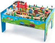 Costzon Train Table, 80 Pcs, Wooden Kids Activity Table Playset with Reversible & Detachable Tabletop, Solid Wood Tracks, Train, Railway, City, DIY Design, Gift for Boys & Girls, Multi-Color
