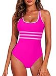 Aleumdr 2024 Trendy One Piece Athletic Bathing Suit Stripe Color Tummy Control Swimsuit Cheeky High Cut Bathing Suits Hot Pink Small