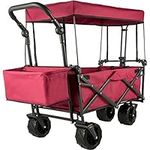 Happy Buy 100KG Capacity Collapsible Wagon Cart Foldable Wagon Cart Removable Canopy 600D Oxford Cloth Wagon Oversized Wheels Folding Wagon Adjustable Handles for Beach Garden, Red, Extra Large