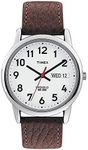 Timex Men's Easy Reader 35mm Day-Date Watch – Silver-Tone Case White Dial with Dark Brown Leather Strap