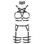 PETMHS Women's Punk Body Harness Lingerie Full Waist Garter Belts Set Strappy Frame Cage Rave bras, Black 9+3, One Size