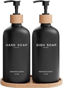 Black Glass Hand and Dish Soap Dispenser Set by Brighter Barns - Kitchen Soap Dispenser Set with Tray - Bamboo Soap Dispenser for Kitchen Sink - Modern Kitchen Decor, Boho Kitchen Decor (Black)