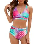 SEAFORM Womens Two Piece Swimsuits Wrap Front Bikini High Waisted Bottom Tummy Control Bathing Suits Vintage Print Swimwear, Mermaid, X-Large