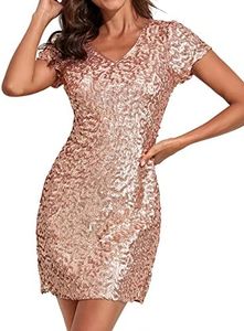 PrettyGuide Women's Sexy Deep V Neck Sequin Glitter Bodycon Stretchy Mini Party Dress, Rose Gold (Short Sleeve), X-Large