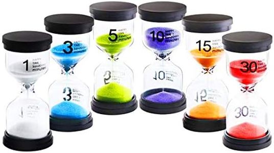 DARUNAXY 6 Pack Sand Timer Colorful Hourglass Sandglass Timer 1 min/3 mins/5 mins/10 mins/15 mins/30 mins Sand Clock Timer for Games Classroom Home Office with 2 Bracelets Wristbands