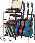 Guitar Stand Record Player Stand Guitar Holder Rack with Charging Station Guitar Display Stand with Vinyl Storage 3 Tier End Table with Guitar Rack Multiple Guitars Accessories for Home Studio, Black