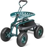 VEVOR Garden Cart Rolling Workseat with Wheels, Gardening Stool for Planting, 360 Degree Swivel Seat, Wagon Scooter with Steering Handle & Utility Tool Tray, Use for Patio, Yard, and Outdoors, Green