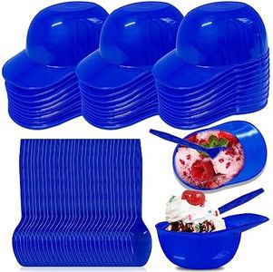 CONEHOY 30 Pcs Ice Cream Bowls and 30 Pcs Taster Spoons Set Mini Baseball Helmet Sundae Bowls Plastic Baseball Helmet Snack Dessert Cups for Kids Summer Birthday Party Favors Supplies (Blue)