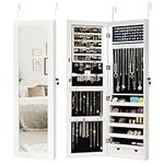 RELAX4LIFE LED Jewellery Cabinet, Lockable Door Hanging/Wall Mounted Jewelry Armoire with Full-Length Mirror, Makeup Cosmetic Storage Organizer Unit for Bedroom Dressing Room