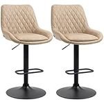 HOMCOM Breakfast Bar Stools Set of 2 with 51x40cm Wide Seat, Height Adjustable Kitchen Counter Chairs, Retro Swivel Upholstered Barstools with Back, Footrest and Steel Base, Light Khaki