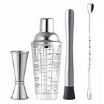 4 Pcs Cocktail Shaker Set,14oz Martini Glass Cocktail Shaker,with Double Measuring Jigger(30ml&60ml),Cocktail Muddler and Mixing Spoon,Bar Tool Bartender Kit for Cocktails Mojitos Ice Fruit Drinks