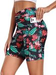 Ekouaer Women's 8.5" Board Shorts High Waisted Swimsuit Bottoms Cross Waist Beach Surf Swimwear with Pocket Red Flowers Green Leaves,Large