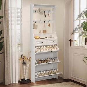 Olela Shoe Cabinet for Entryway, Narrow Hidden Slim Shoe Rack Organizer with Open Shelves Metal Clothing Rack and 8 Hooks, Freestanding Storage with 3 Flip Drawers for Hallway Doorway