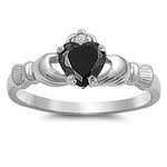 Simulated Black Onyx Irish Claddagh Heart Cubic Zirconia Ring .925 Sterling Silver Ring Size 4