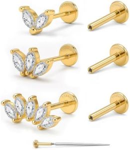 YACHY G23 Titanium Flat Back Earrings, 18G Labret Studs, 3-Piece, Gold