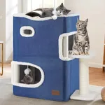 YITAHOME 2-Tier Cat House, Indoor Cat Cave Bed Playhouse, Cat Tunnels with Scratch Pad and Hideaway Cube, Cute Modern Cat Condo Furniture for Multi Small Cats, Extended (Blue)