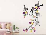 Heaven Decors Hanging Tree Branch Birdcage with Birds and Colorful Flower Wall Sticker for Living Room (Ideal Size on Wall: 50 cm x 80 cm),Multicolour