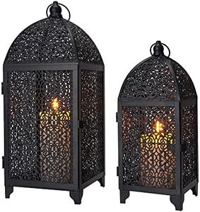 TRIROCKS Set of 2 Vintage Decorative Candle Lantern 12''&16.5'' High Metal Candle Holder Hanging Lantern with Hollow Pattern for Living Room Garden Parties Events Indoors Outdoors(Black)